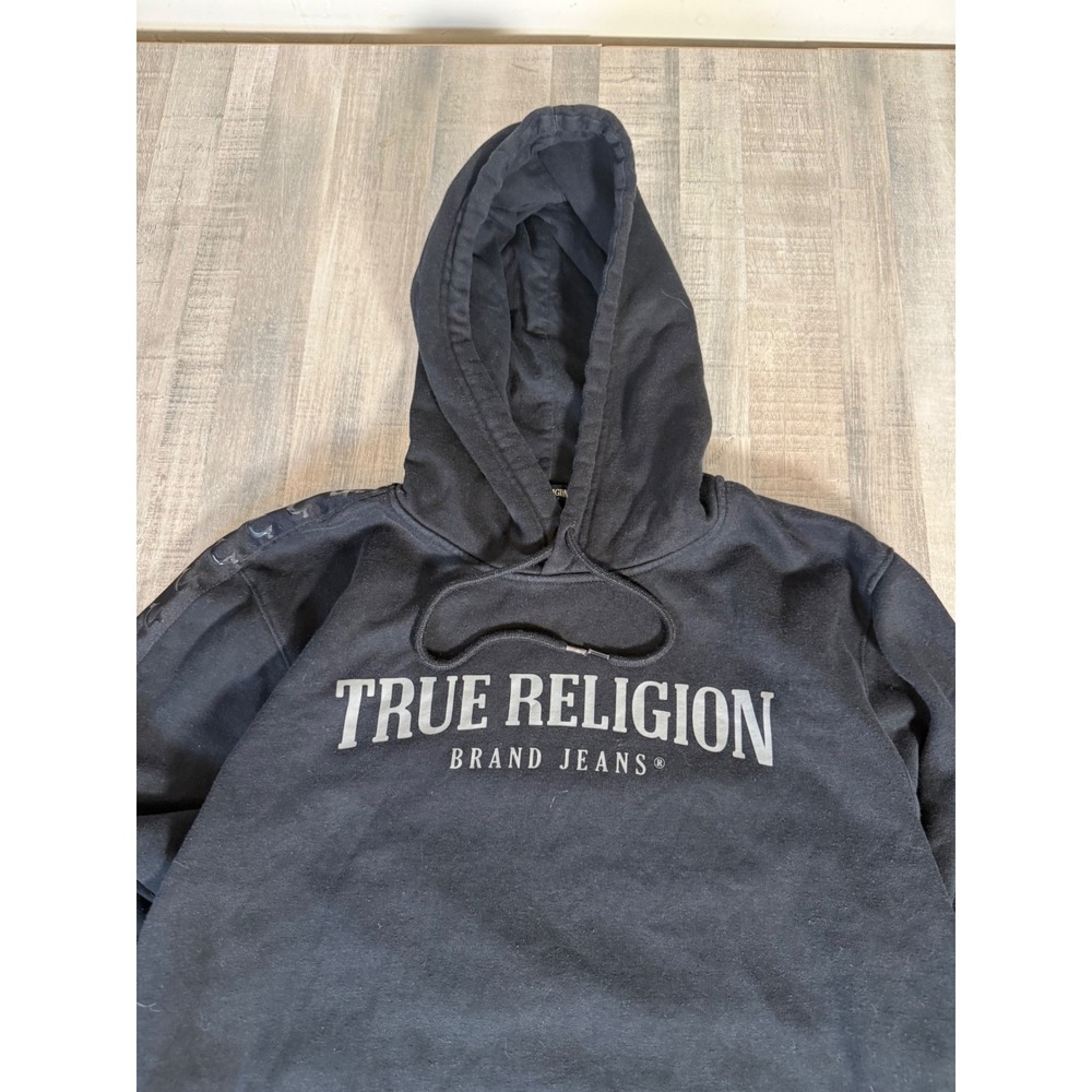 True Religion Mens Tonal Silicone Tape Logo Hoodie Black 2XL Pullover 700977 - Picture 2 of 12